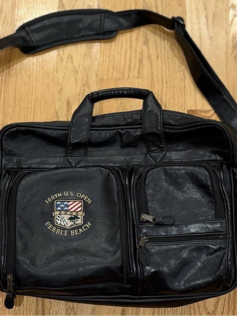 Pebble Beach Black Leather Laptop Bag with 100th U.S. Open